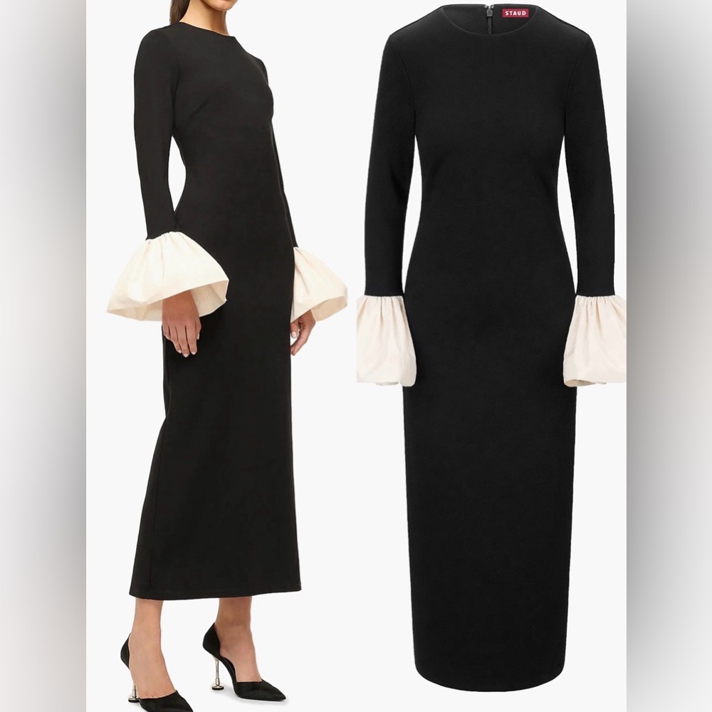 NEW STAUD Hawthorne Black Cream Bell Sleeve Maxi formal Dress black ivory sz XS - Picture 2 of 8